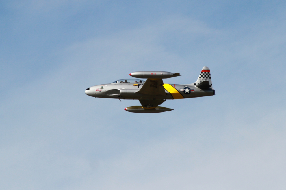 A Lockheed T-33 Shooting Star taking off at Whitehorse airport