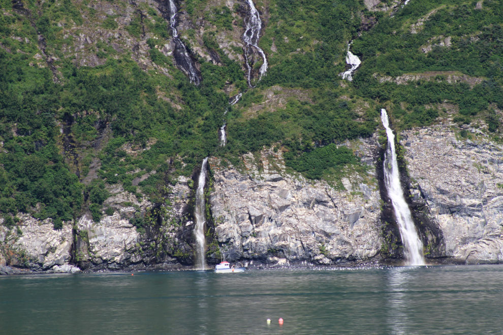 Large waterfalls seen from a ferry near Whittier, Alaska