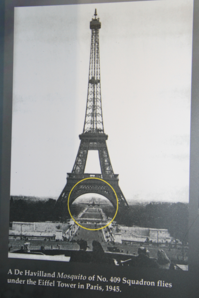 A de Havilland Mosquito from 409 Squadron flying under the Eiffel Tower in 1945