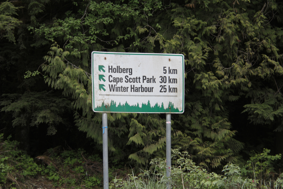 Sign pointing to Holberg, Cape Scott Park, and Winter Harbour