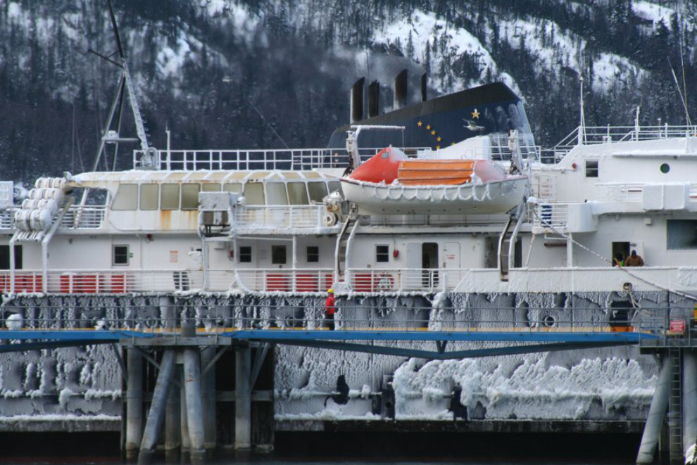 The state ferry Le Conte at Skagway with a coating of ice