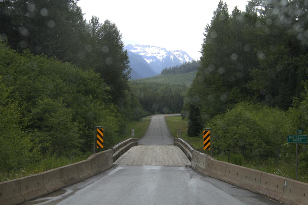 A one-lane bridge over the Big Cedar River, BC
