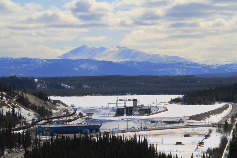 The power dam, Schwatka Lake and Mount Lorne at Whitehorse, Yukon