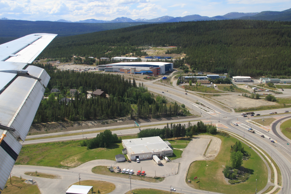 Aerial view of the Canada Games Centre and the main Yukon post office