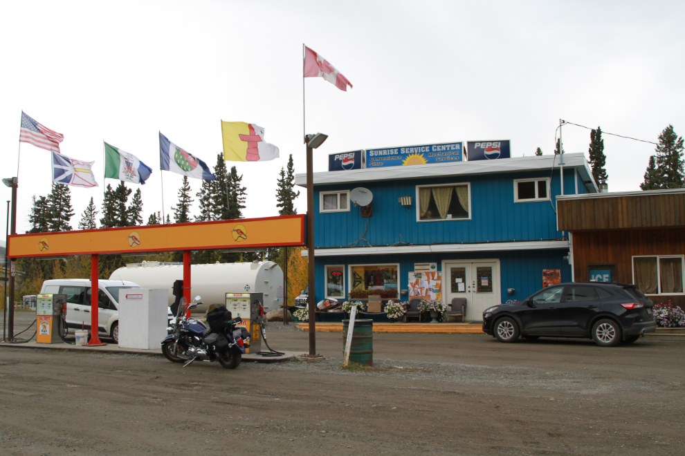 Fueling up my motorcycle at Sunrise Services in Carmacks, Yukon