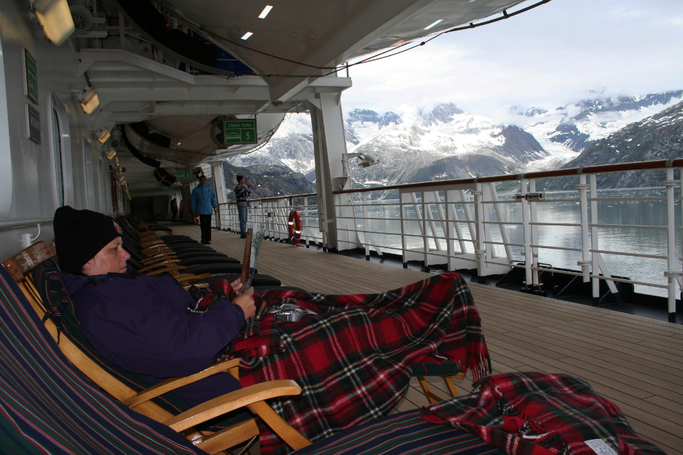 Cathy enjoying Glacier Bay from the deck of the cruise ship Amsterdam