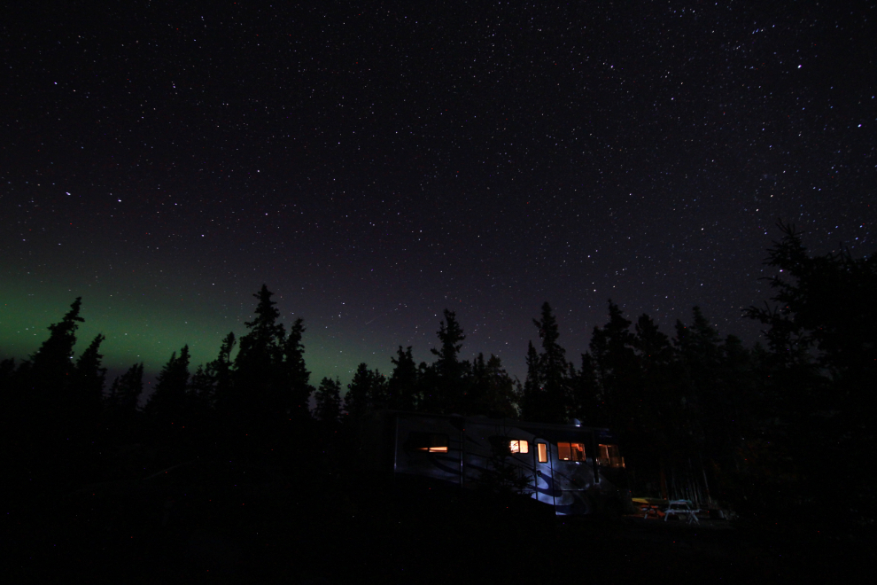 Aurora borealis and RV at Kluane Lake, Yukon