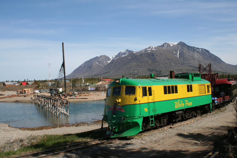 A WP&YR train, and a new footbridge under construction in Carcross, Yukon