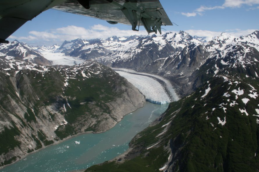 An aerial view of the McBride Glacier in Glacier Bay
