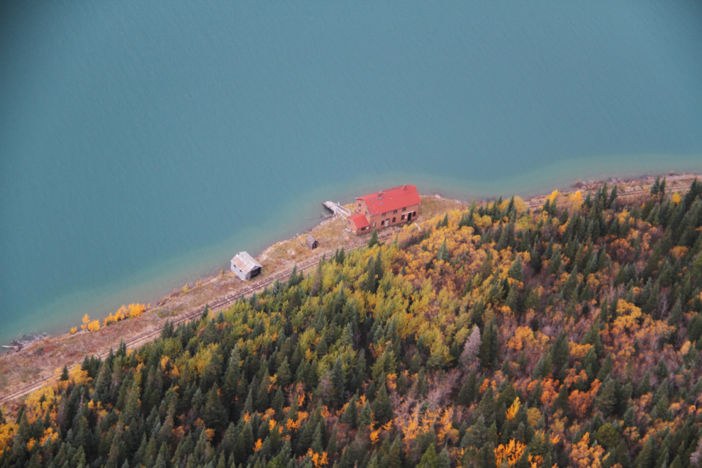 An aerial view of the historic Pennington section house on the White Pass & Yukon Route rail line