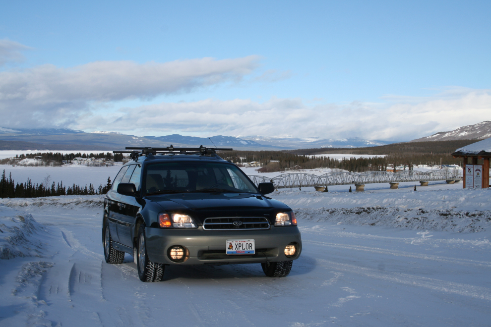 My Subaru Outback at the Teslin viewpoint on the Alaska Highway in March