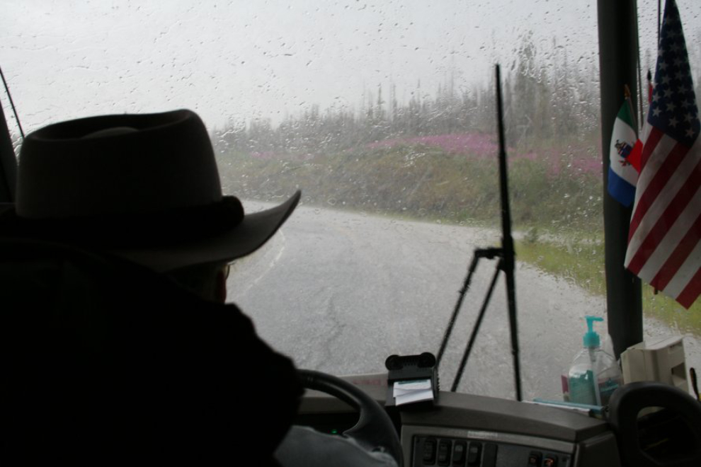 Heading down Alaska's Taylor Highway in pouring rain