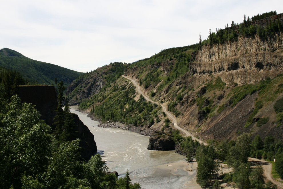 After crossing the Tahltan River, seen entering the Stikine River at the bottom of this photo, the Telegraph Creek Road climbs steeply out of the canyon.