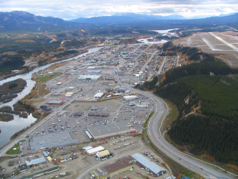 A helicopter view of downtown Whitehorse as seen from above the Marwell industrial area