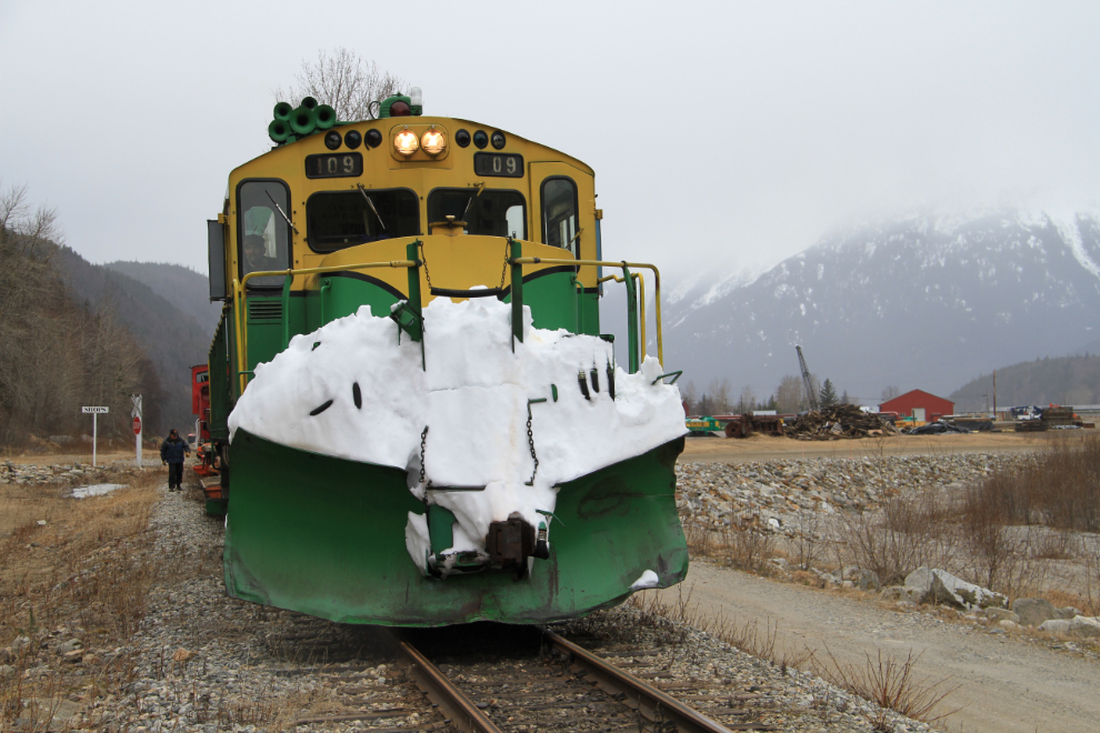 A WP&YR locomotive returning from Spring snow clearing