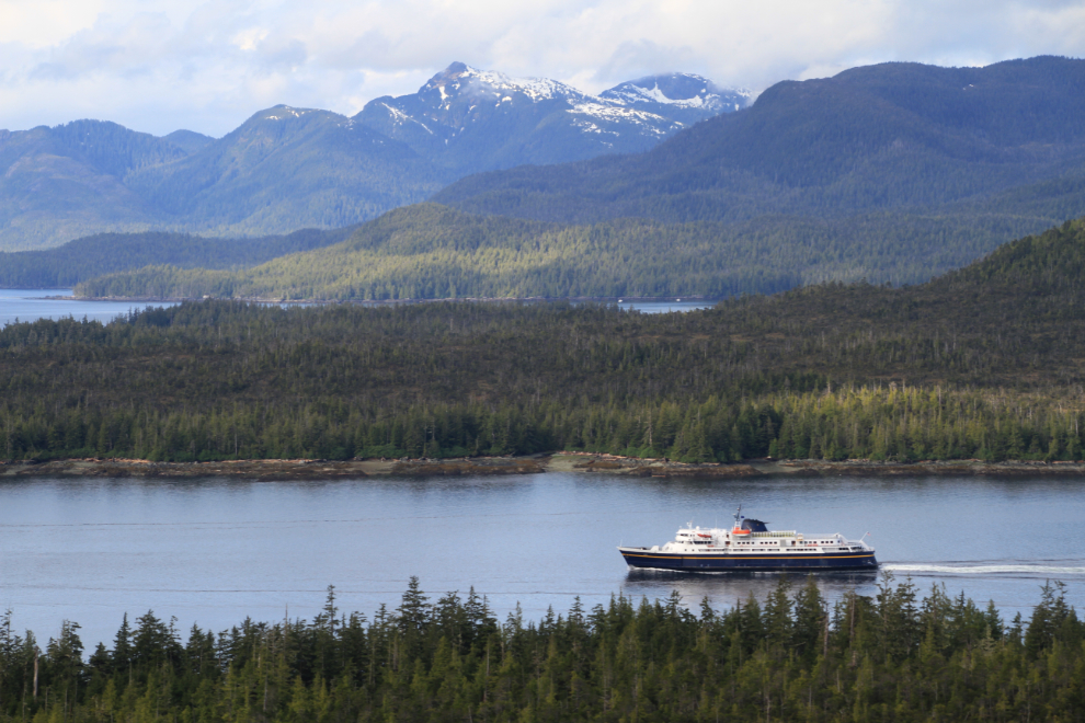 An Alaska state ferry sails south from Ketchikan
