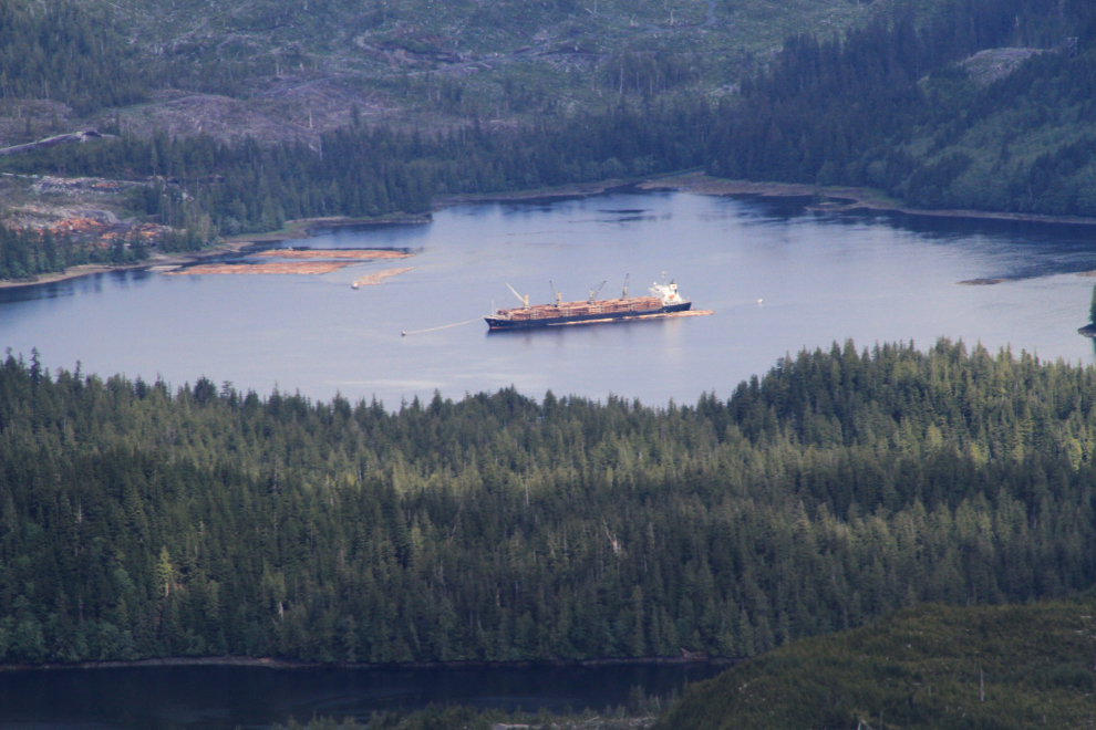 A freighter near Ketchikan loading raw logs for processors in Asia