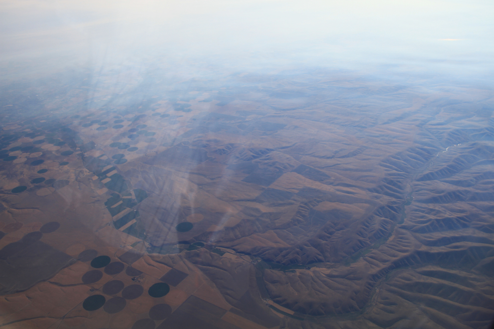 Aerial view of eastern Washington on a smoky summer morning