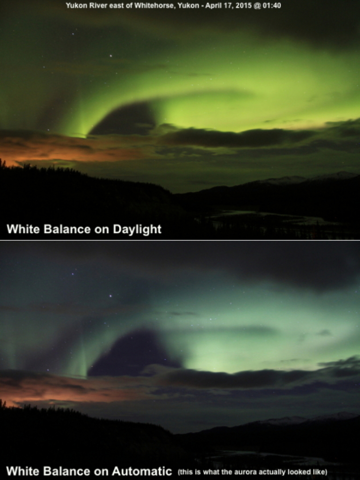 Photographing the aurora with White Balance in Daylight setting