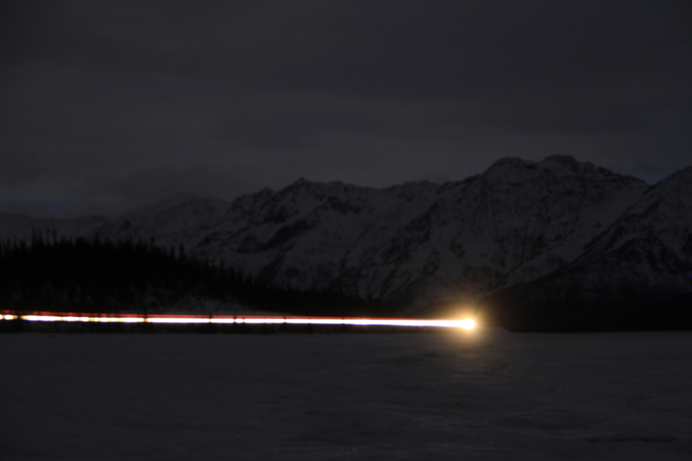 Night traffic around Kluane Lake, Yukon