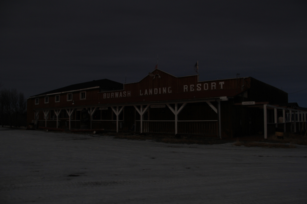 Burwash Landing Resort at night - closed and abandoned in 2015