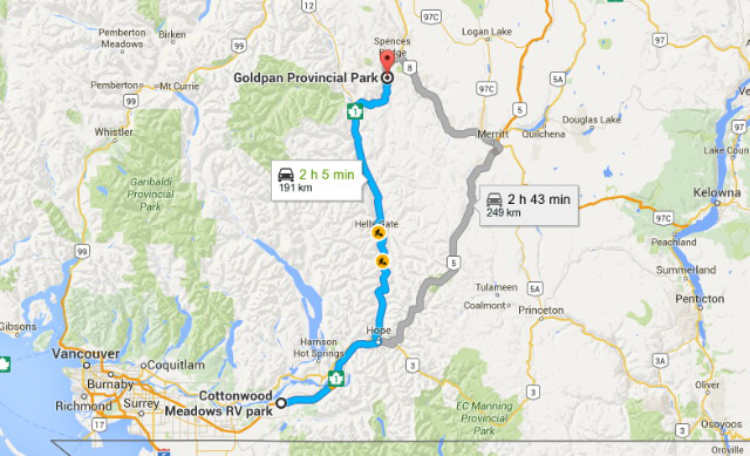 Map of the route from Gold Pan Provincial Park to the Cottonwood Meadows RV Park at Chilliwack