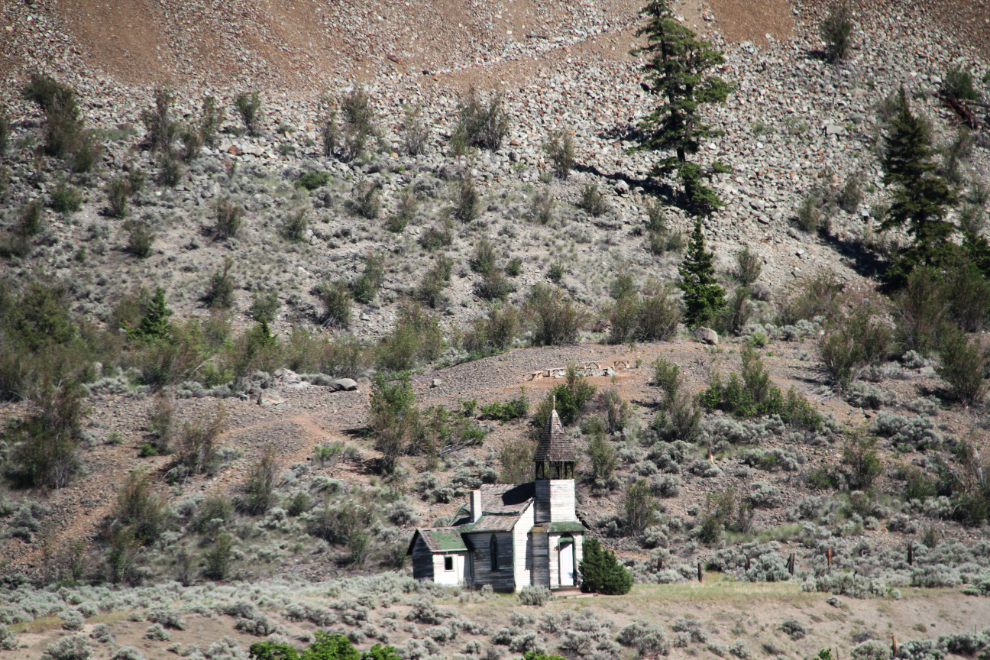 A long-abandoned church on the opposite side of the Thompson River from the highway