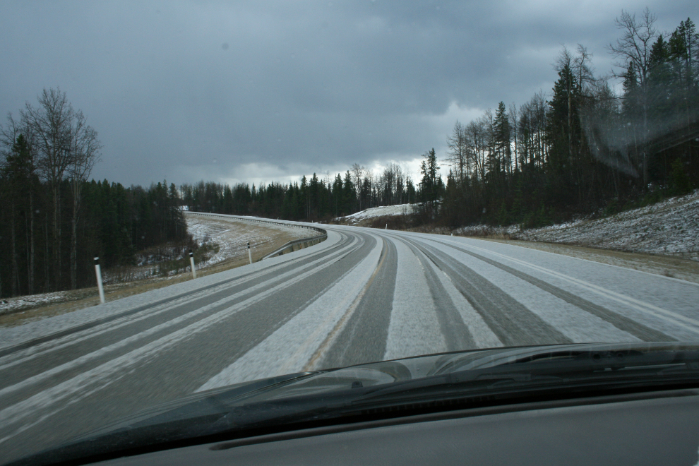 Snow on Alberta Highway 40 in early May