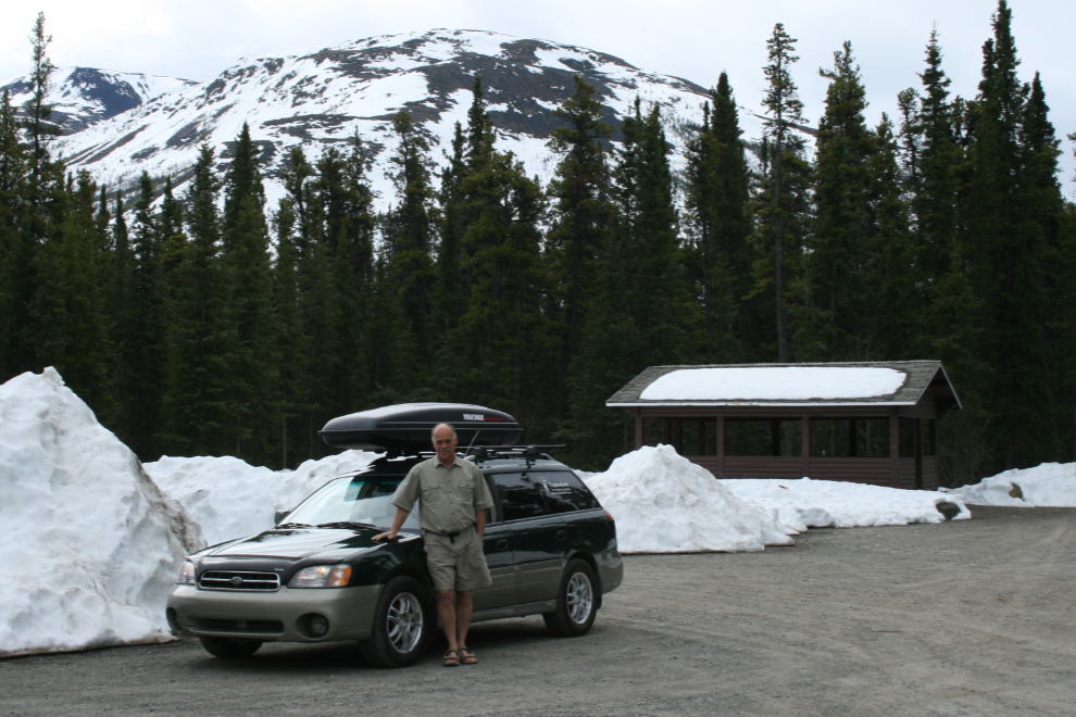 Murray Lundberg with his Subaru Outback on the Alaska Highway in early May