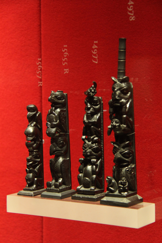 Small argyllite totem poles at the Royal British Columbia Museum