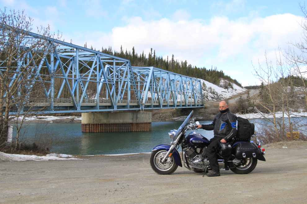 Murray Lundberg on his VStar motorcycle at the Yukon River Bridge