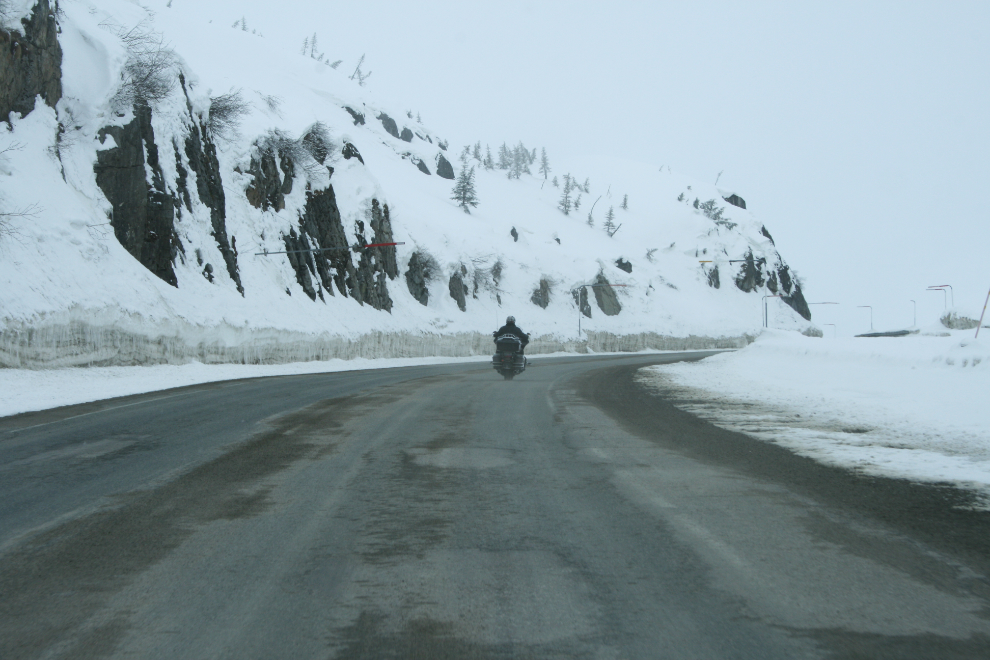 A Harley in the snowy White Pass