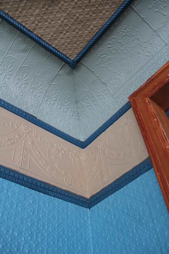 Tin ceiling and walls in the Masonic Lodge in Dawson City, Yukon