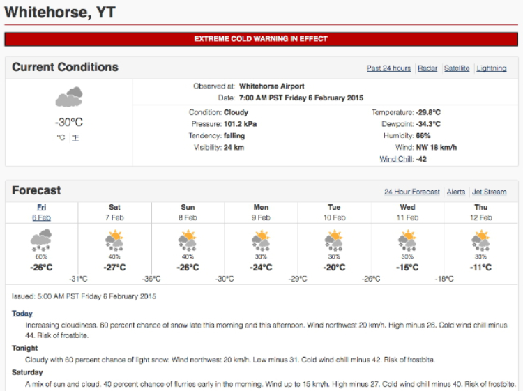 Extreme cold warning for Whitehorse, Yukon