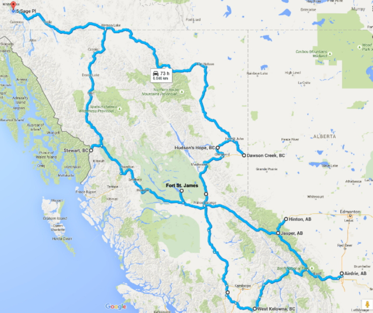 Map of 30-day RV route through the Yukon, BC, and Alberta
