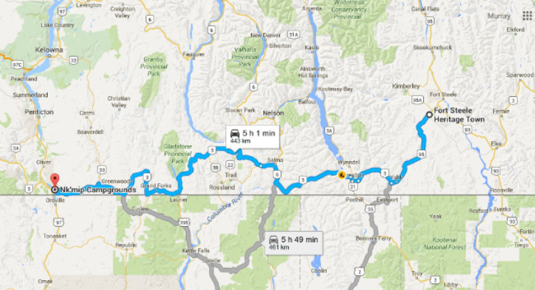 Map - Osoyoos to Fort Steele, BC