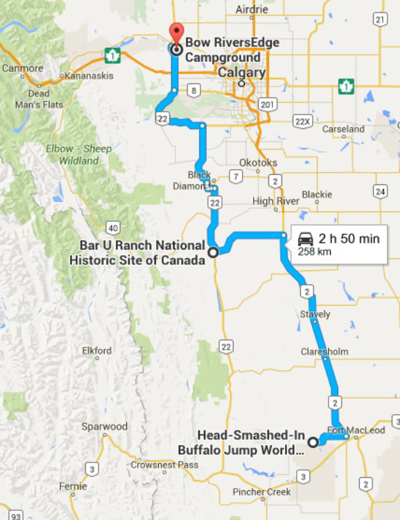 Map - Head-Smashed-In Buffalo Jump to the Bar U Ranch, and then to Cochrane