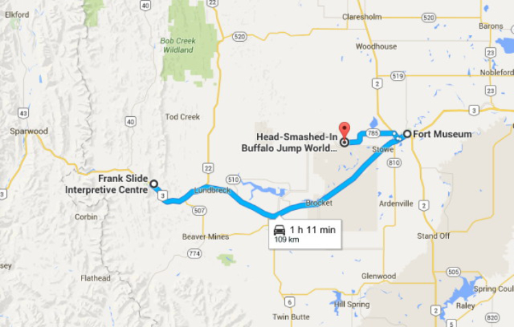 Map - Frank Slide Interpretive Centre to Fort MacLeod and Head-Smashed-In Buffalo Jump