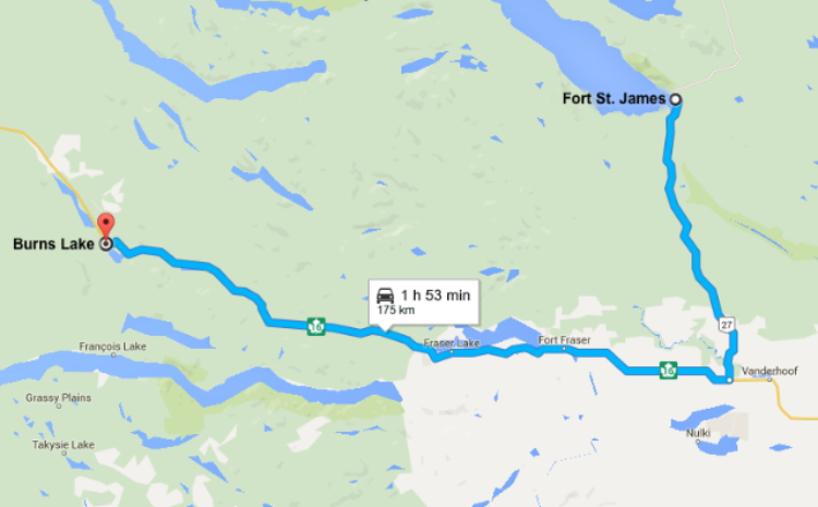 Map - Fort St. James to Burns Lake