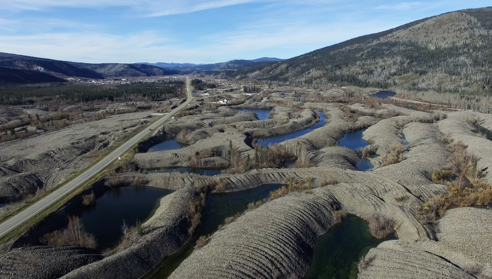 A drone view of gold-dredge tailings at Dawson City, Yukon