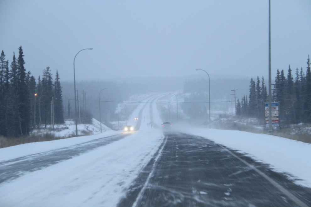 A snowy Alaska Highway near Whitehorse