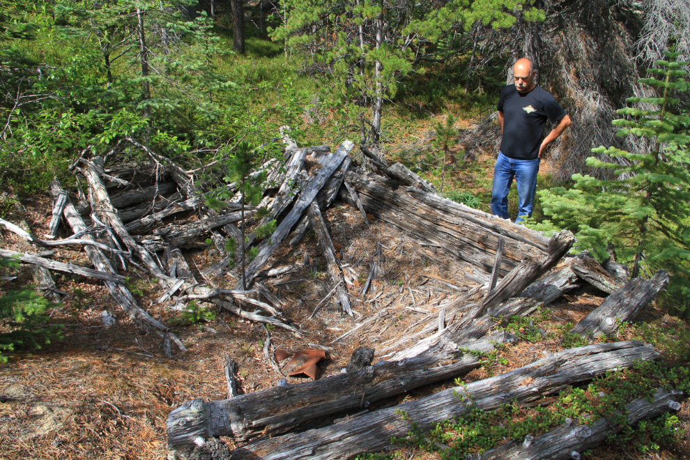 The author inspecting cabin ruins at a remote part of Bennett, BC