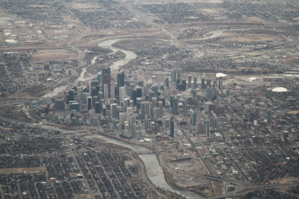 An aerial view of downtown Calgary from the west