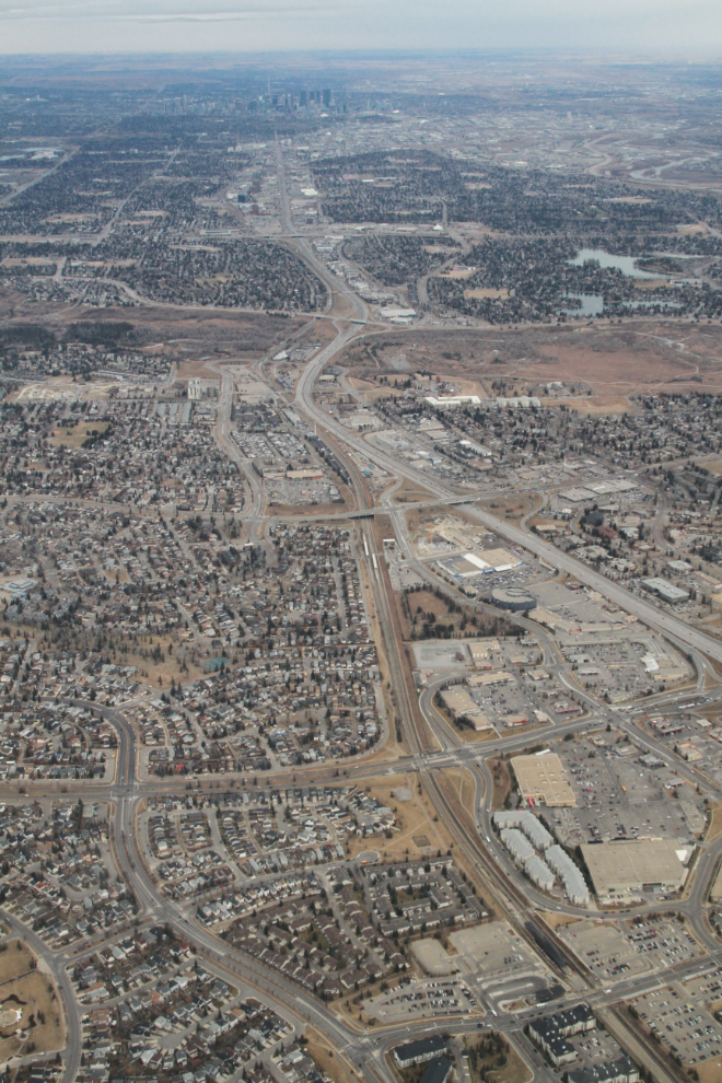An aerial view looking north up McLeod Trail at Calgary