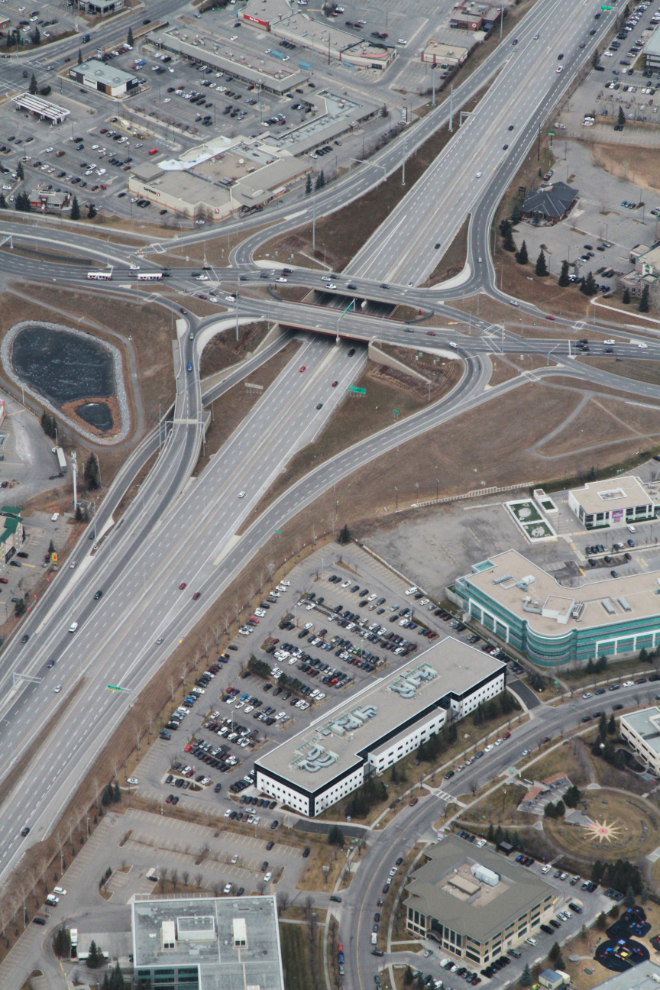 An aerial view of Sun Valley Boulevard and 162nd Avenue crossing McLeod Trail at Calgary.