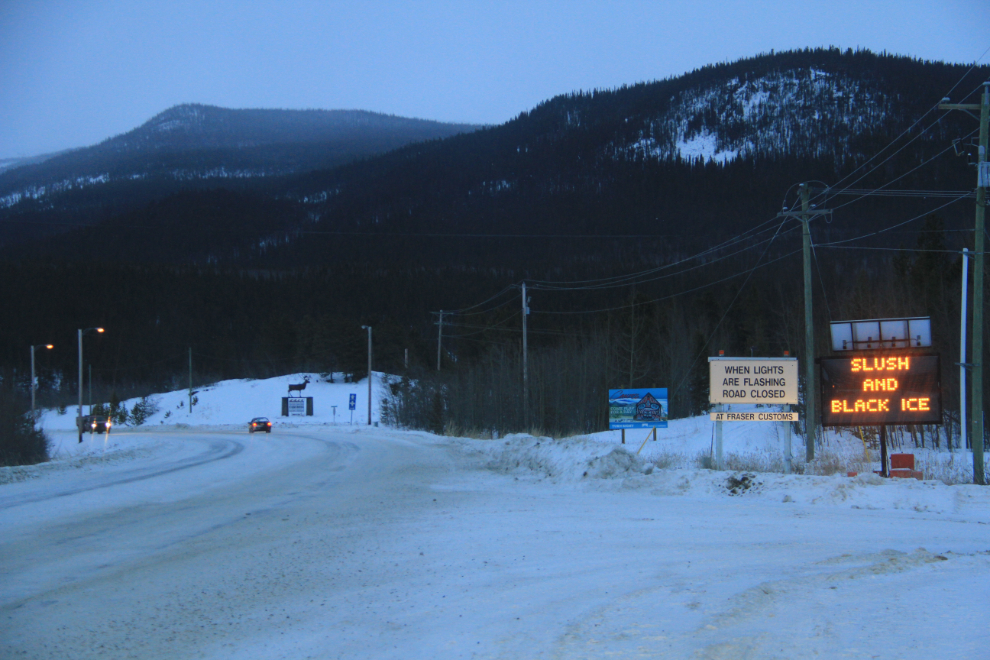 Highway ice warning at Carcross, Yukon