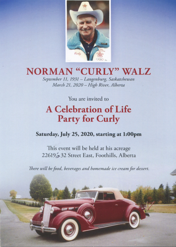 Norman 'Curly' Walz died at High River, Alberta, on March 21, 2020, at the age of 88.