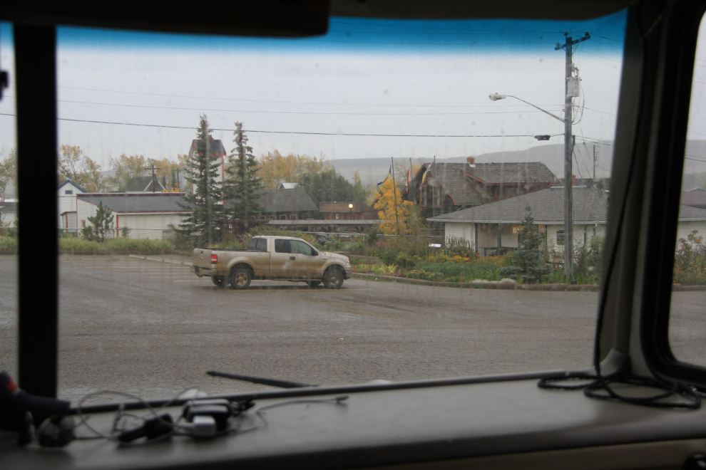 Rain from the RV window in Dawson Creek, BC