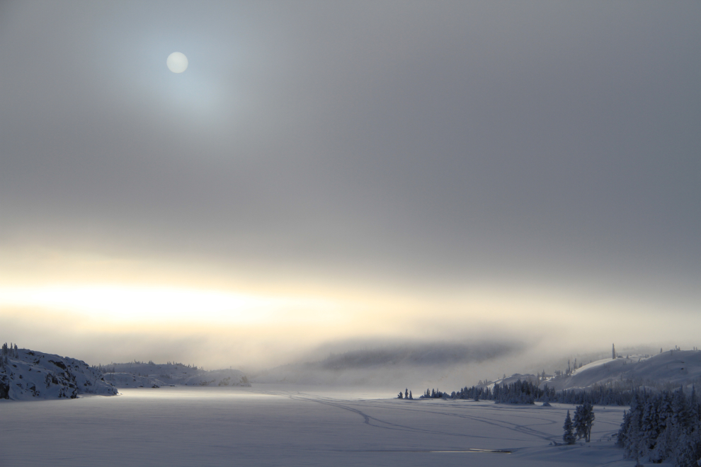 Winter sun and fog on the South Klondike Highway at Fraser, BC
