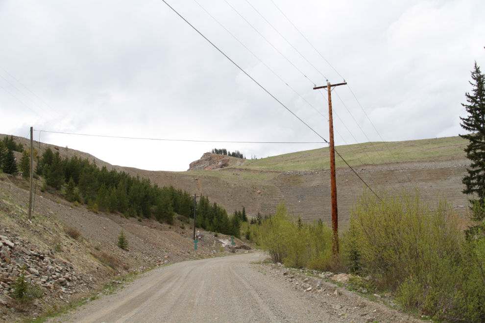 Mine waste rock towering over the Nickel Plate Road at Hedley, BC